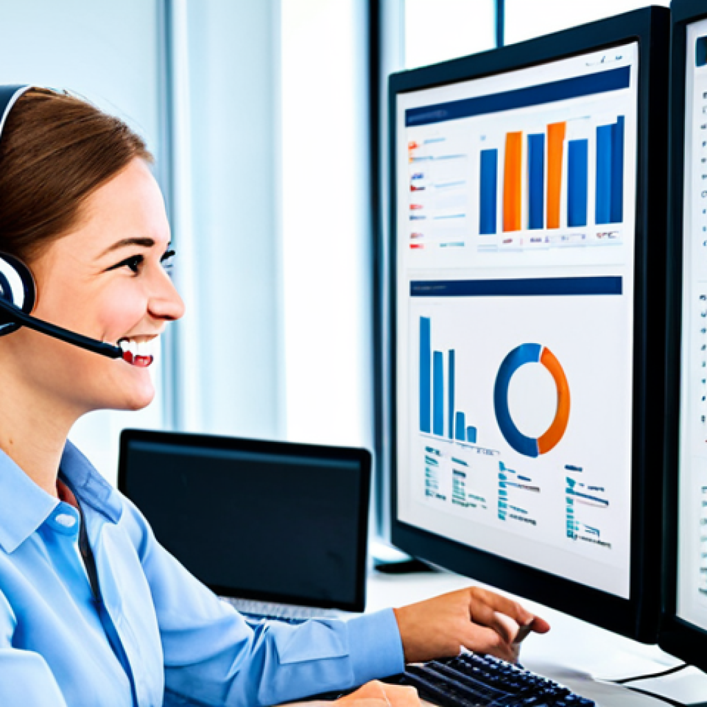 Data-Driven Customer Service**
Prompt: A brightly lit, modern office setting with analysts working at computers displaying data visualizations of customer feedback. Focus on the screens showing charts and graphs. In the foreground, a smiling customer representative is talking on a headset, assisting a client. The overall scene conveys efficiency, helpfulness, and a data-driven approach to customer service. Include keywords like "customer insights," "analytics," and "personalized service." Safe for work, appropriate content, fully clothed, professional, perfect anatomy, correct proportions, natural pose, high quality.
**
