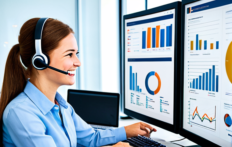 Data-Driven Customer Service**
Prompt: A brightly lit, modern office setting with analysts working at computers displaying data visualizations of customer feedback. Focus on the screens showing charts and graphs. In the foreground, a smiling customer representative is talking on a headset, assisting a client. The overall scene conveys efficiency, helpfulness, and a data-driven approach to customer service. Include keywords like "customer insights," "analytics," and "personalized service." Safe for work, appropriate content, fully clothed, professional, perfect anatomy, correct proportions, natural pose, high quality.
**