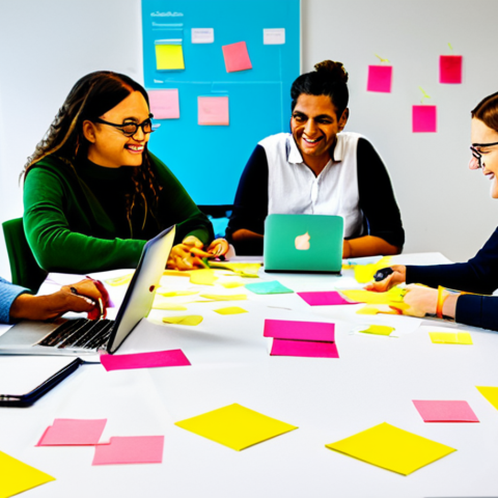 고객 니즈 리서치의 결과를 워크숍에 활용하기 - **Image:** A vibrant workshop scene in a modern Brazilian office. Professionals are collaborating ar...